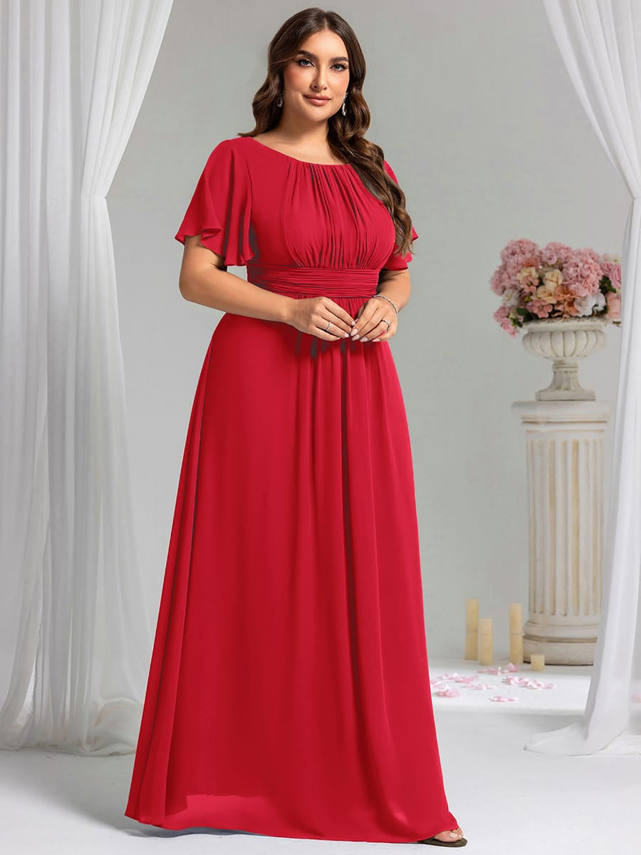 Simple Chiffon Pleated A-Line Round Neckline Bridesmaid Dress #color_Red
