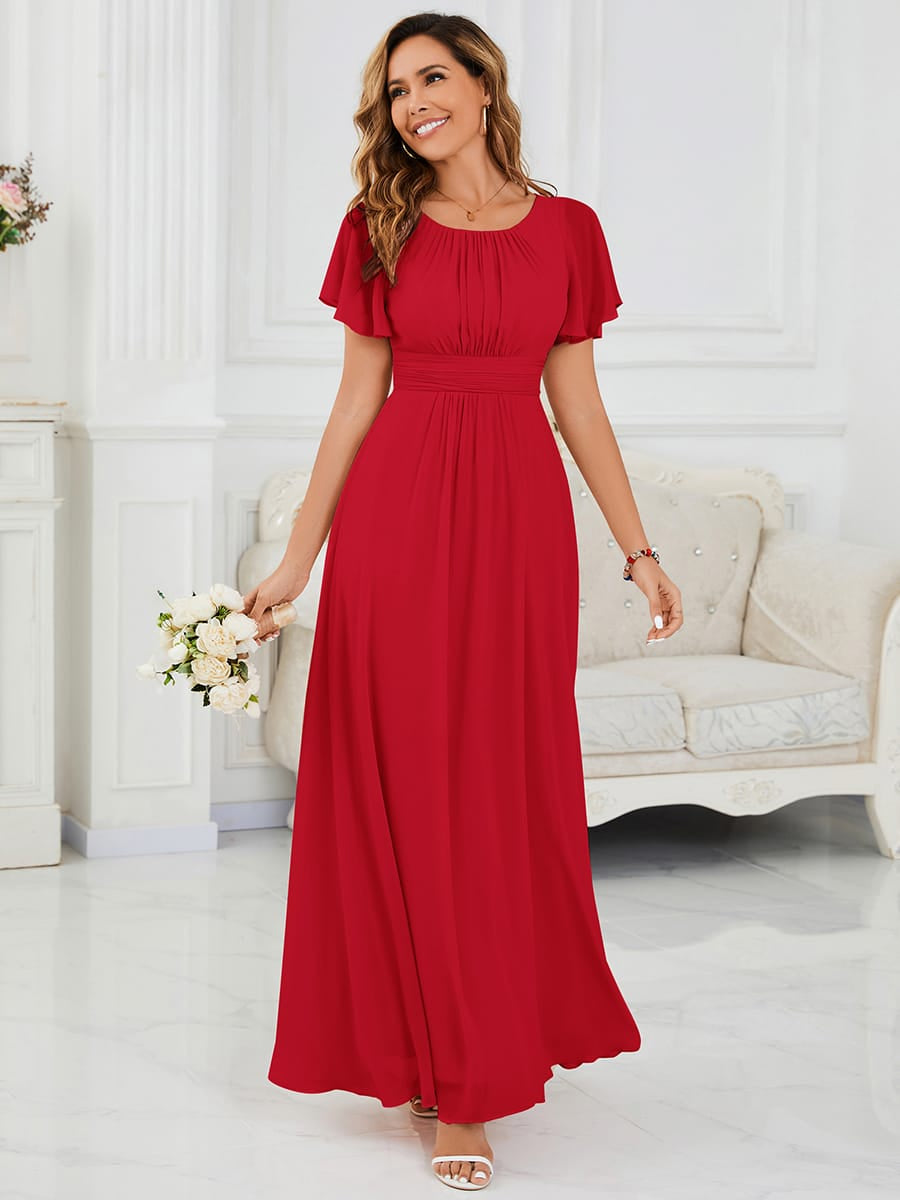 Simple Chiffon Pleated A-Line Round Neckline Bridesmaid Dress #color_Red