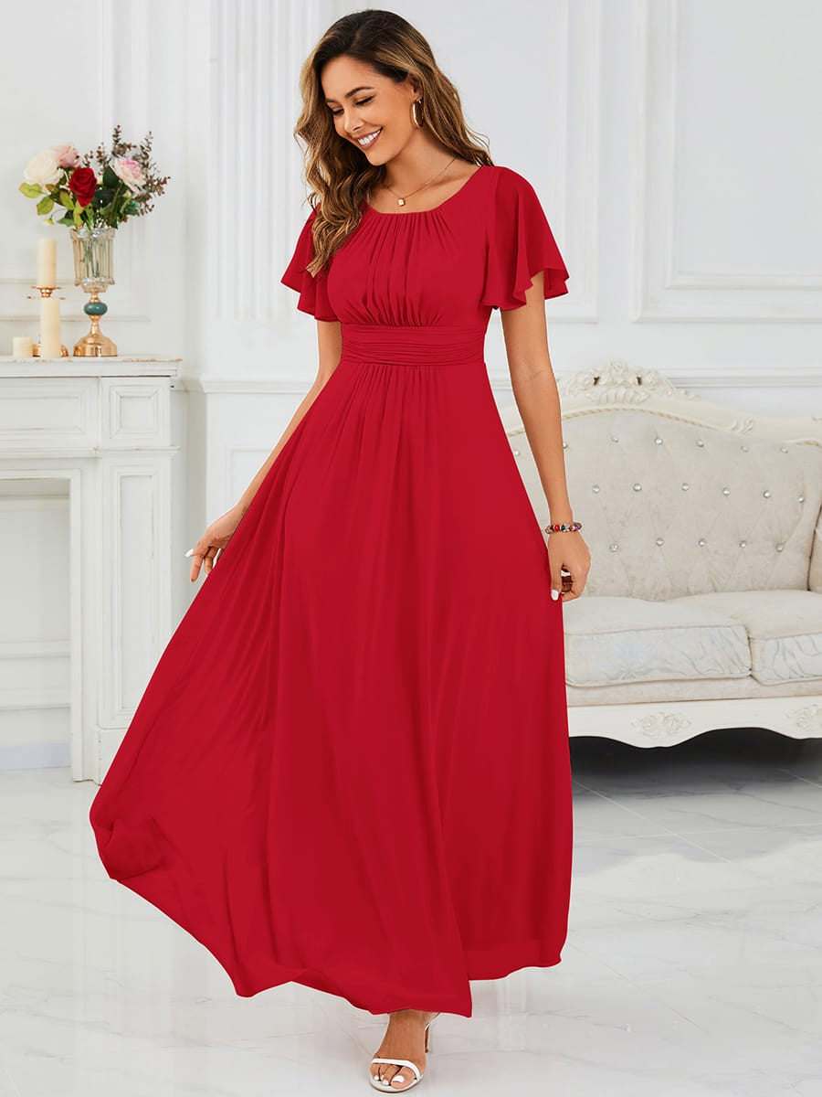 Simple Chiffon Pleated A-Line Round Neckline Bridesmaid Dress #color_Red