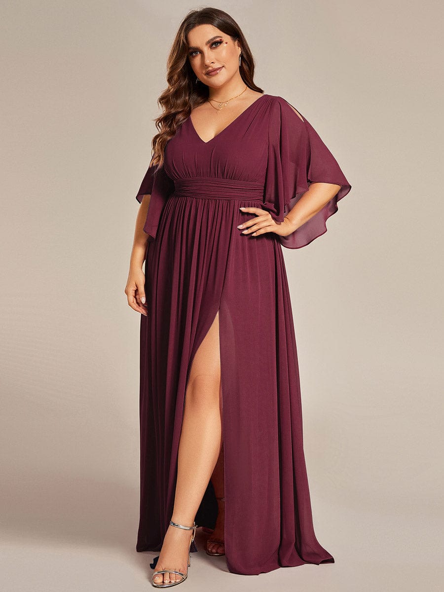 Chiffon A-Line Half Sleeves High Slit Bridesmaid Dress #color_Burgundy