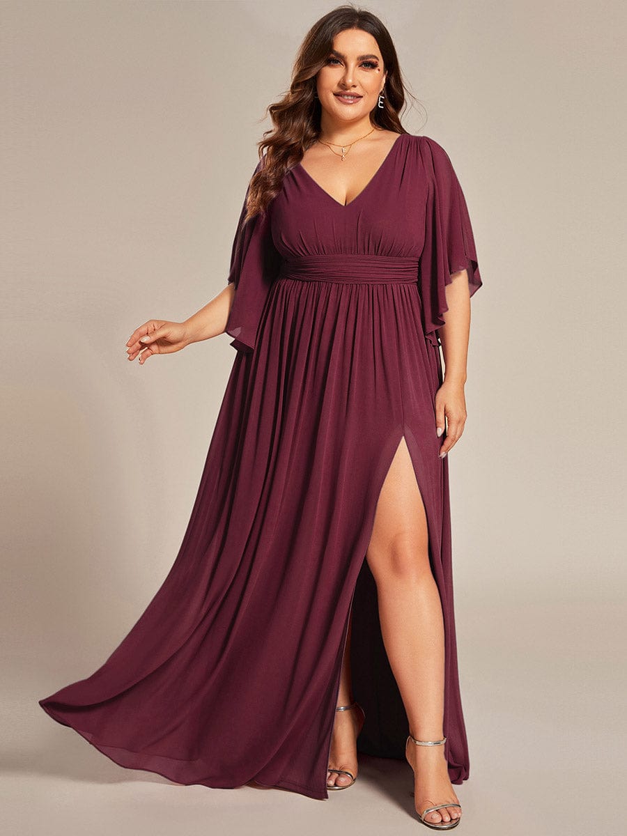 Chiffon A-Line Half Sleeves High Slit Bridesmaid Dress #color_Burgundy