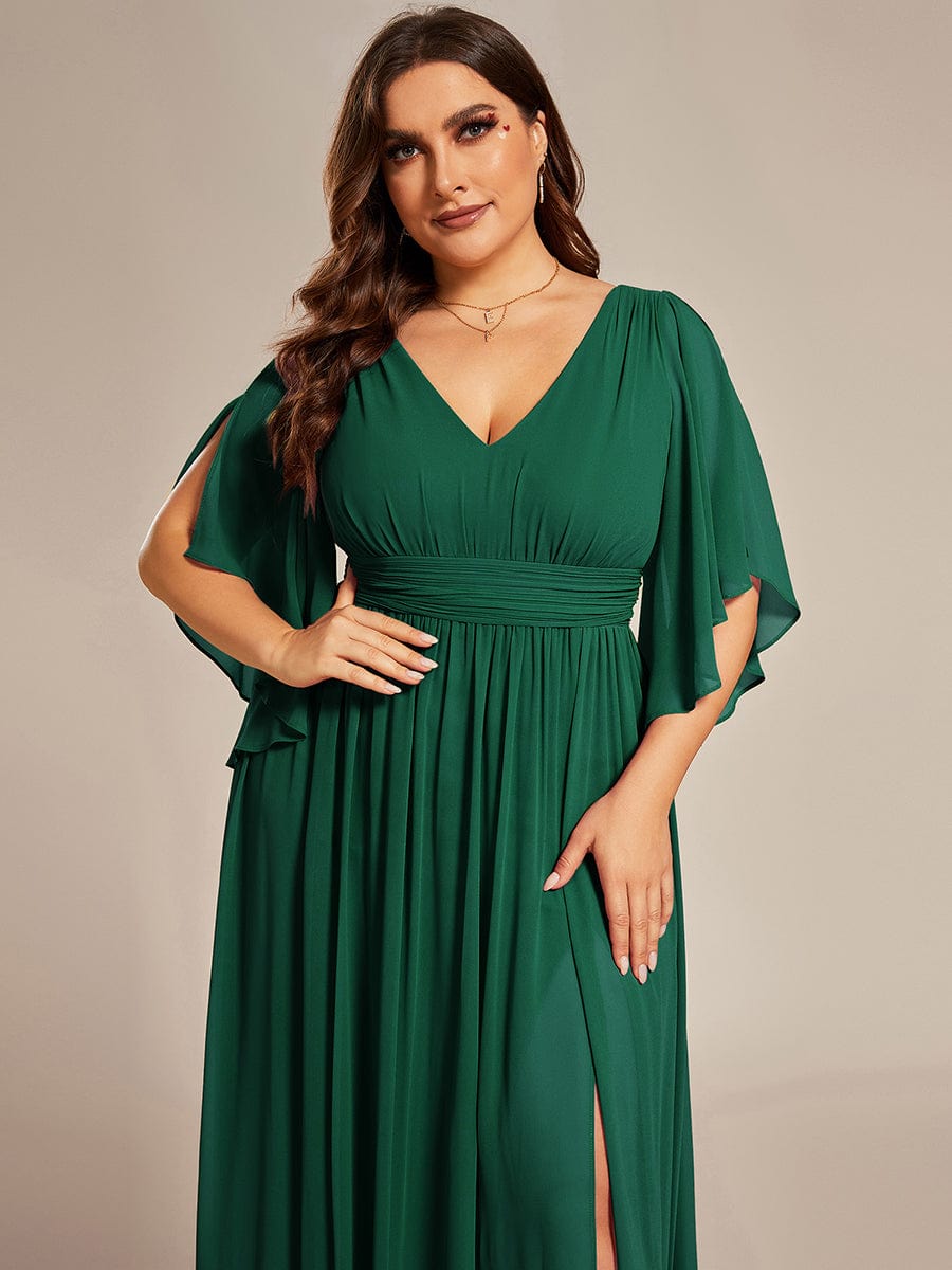 Chiffon A-Line Half Sleeves High Slit Bridesmaid Dress #color_Dark Green
