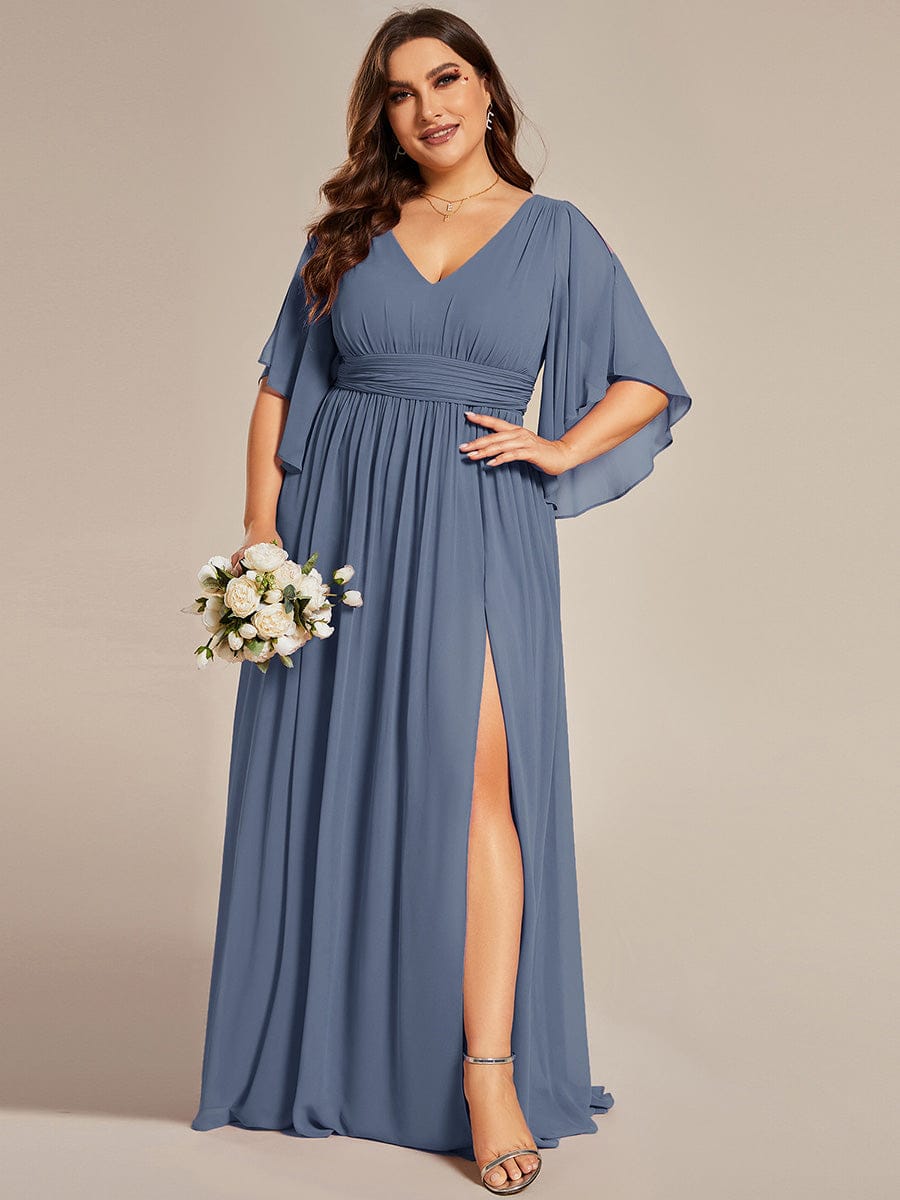 Plus Size V-Neck A-Line Chiffon Bridesmaid Dress #color_Dusty Blue