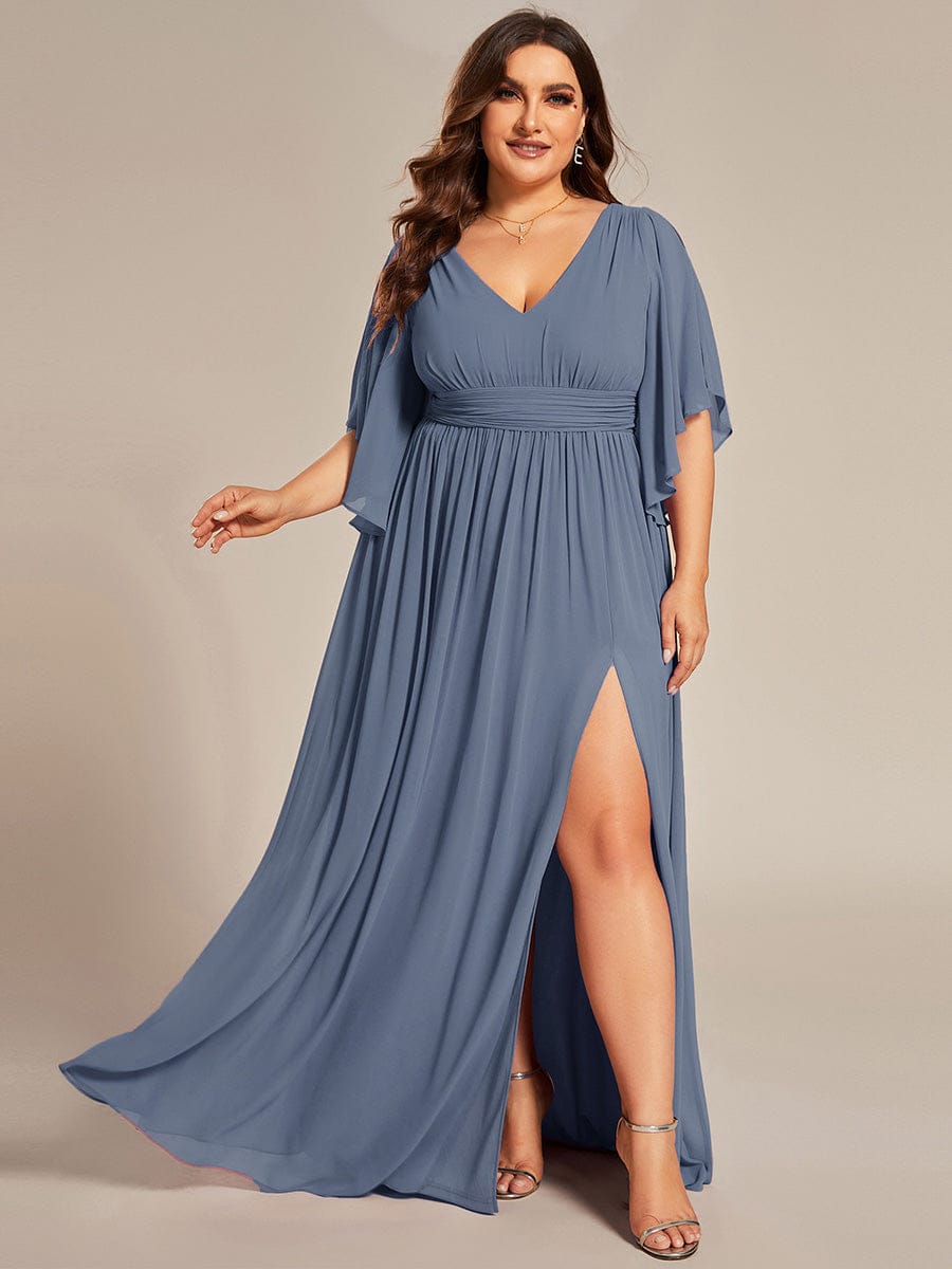 Plus Size V-Neck A-Line Chiffon Bridesmaid Dress #color_Dusty Blue