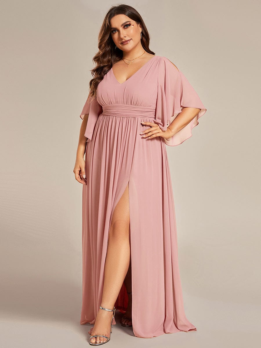 Chiffon A-Line Half Sleeves High Slit Bridesmaid Dress #color_Dusty Rose