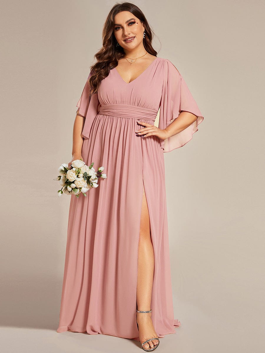 Chiffon A-Line Half Sleeves High Slit Bridesmaid Dress #color_Dusty Rose