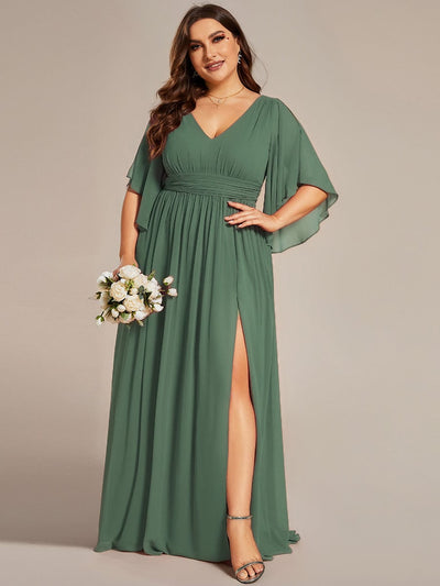 Plus Size V-Neck A-Line Chiffon Bridesmaid Dress #color_Eucalyptus Green