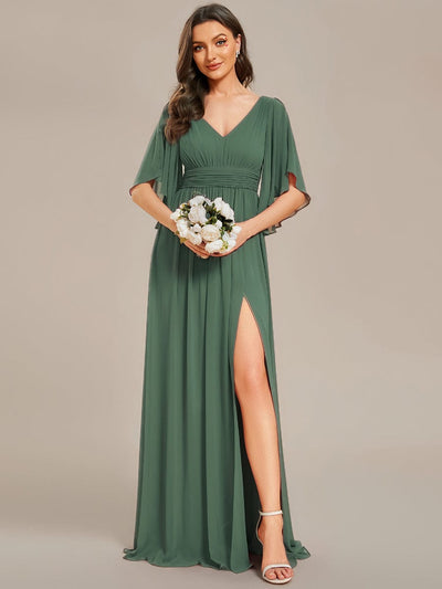 Chiffon A-Line Half Sleeves High Slit Bridesmaid Dress #color_Eucalyptus Green