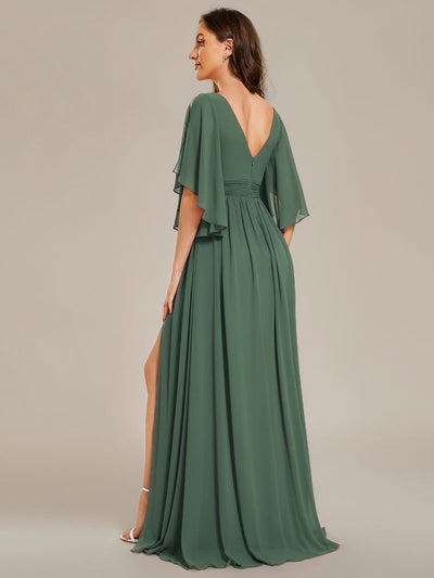 Chiffon A-Line Half Sleeves High Slit Bridesmaid Dress #color_Eucalyptus Green