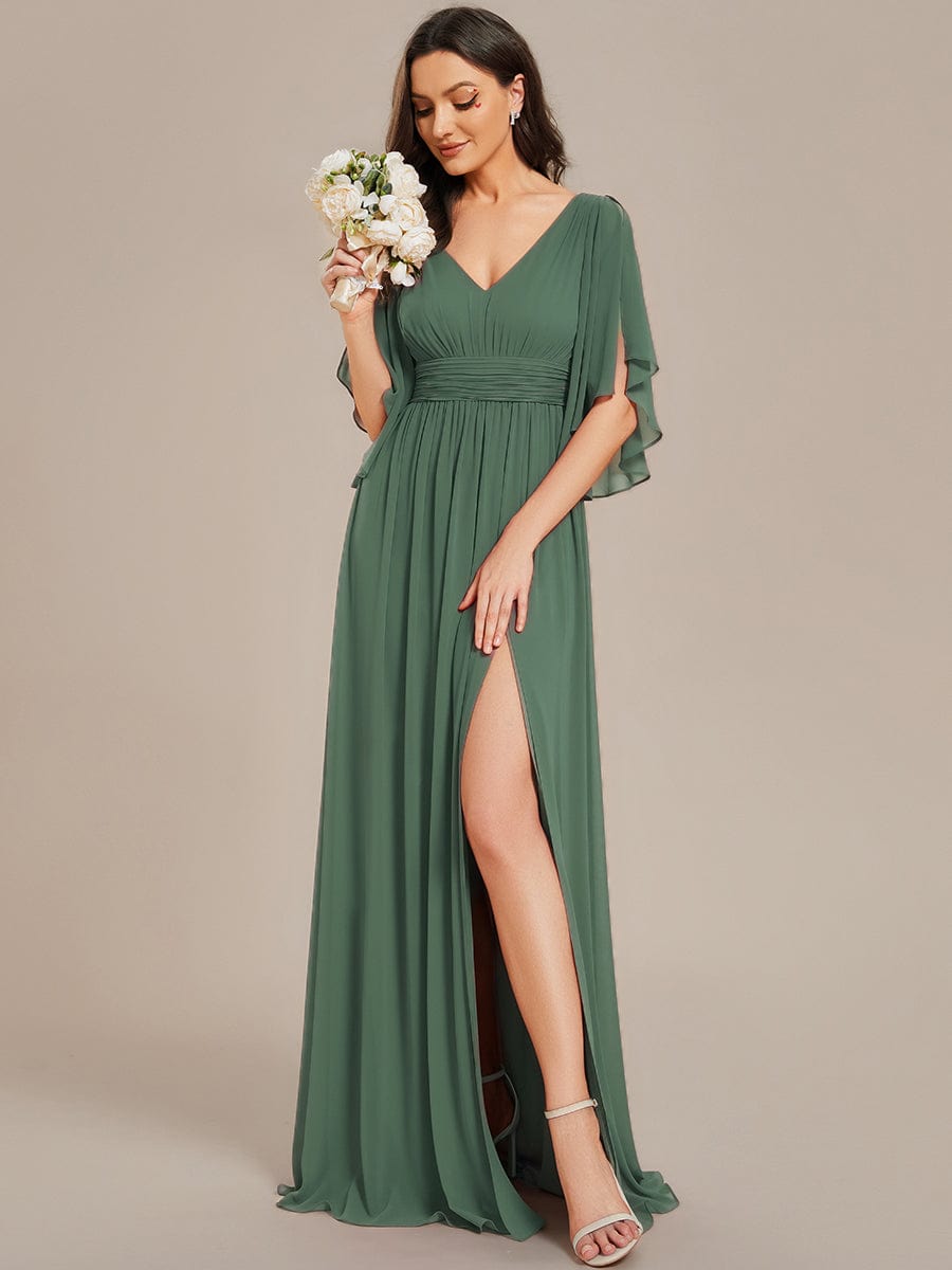 Chiffon A-Line Half Sleeves High Slit Bridesmaid Dress #color_Eucalyptus Green