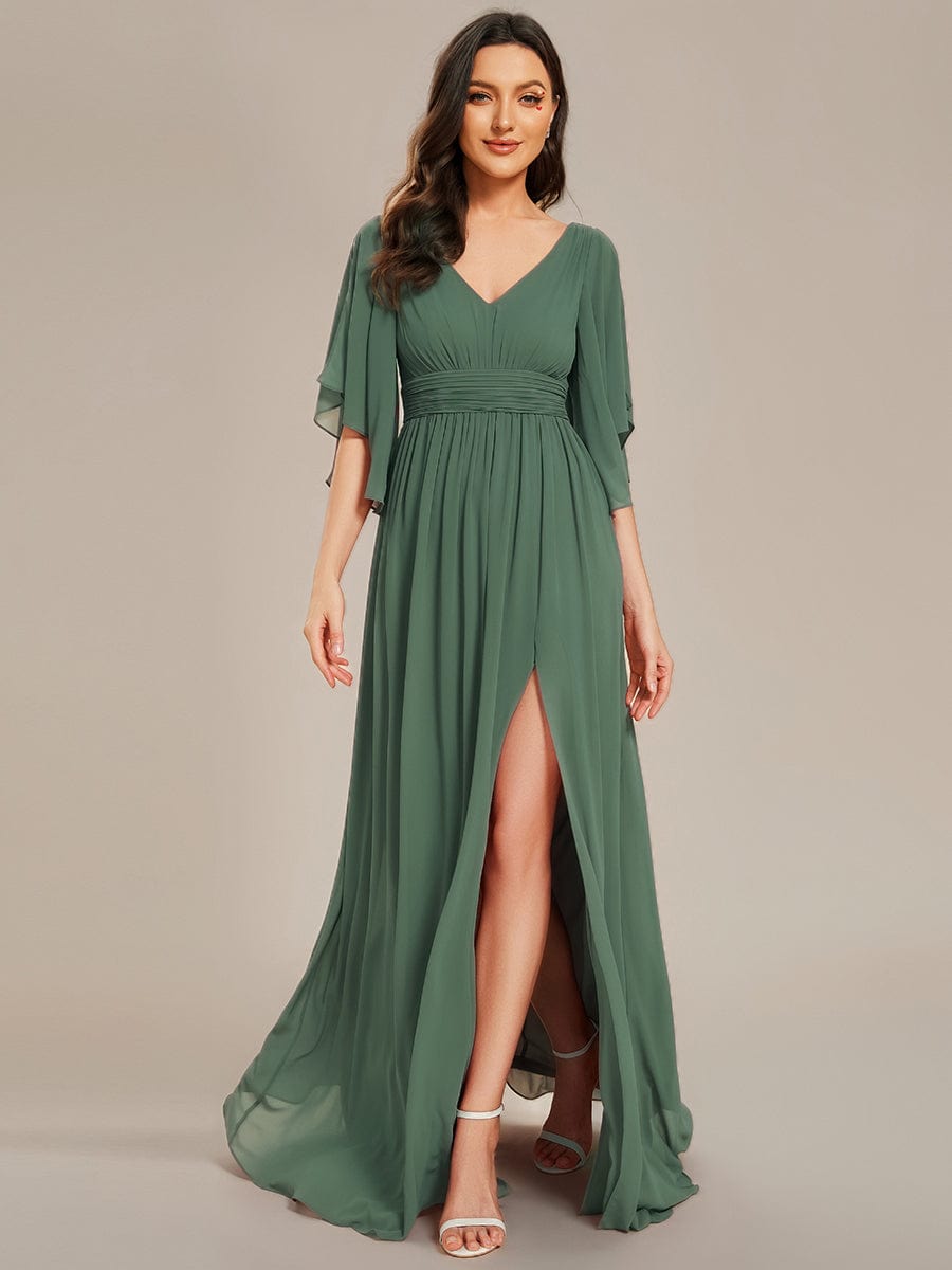 Chiffon A-Line Half Sleeves High Slit Bridesmaid Dress #color_Eucalyptus Green