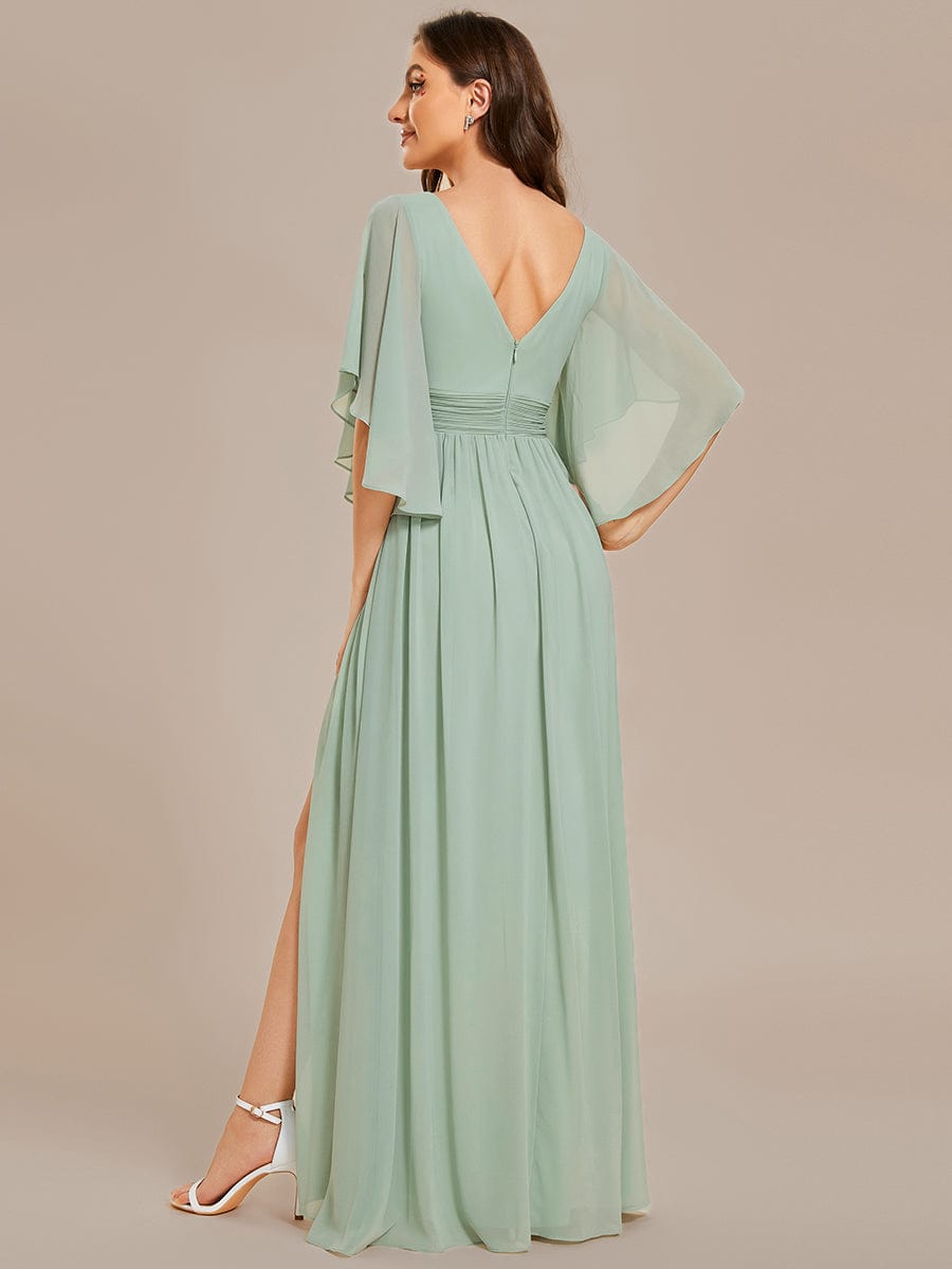 Custom Size Half Sleeve V-Neck Pleated High Slit A-Line Chiffon Bridesmaid Dress #color_Mint Green