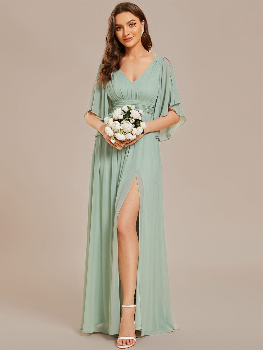 Custom Size Half Sleeve V-Neck Pleated High Slit A-Line Chiffon Bridesmaid Dress
