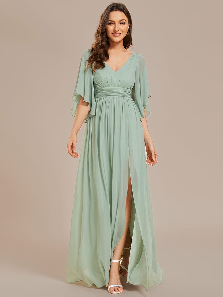 Custom Size Half Sleeve V-Neck Pleated High Slit A-Line Chiffon Bridesmaid Dress #color_Mint Green