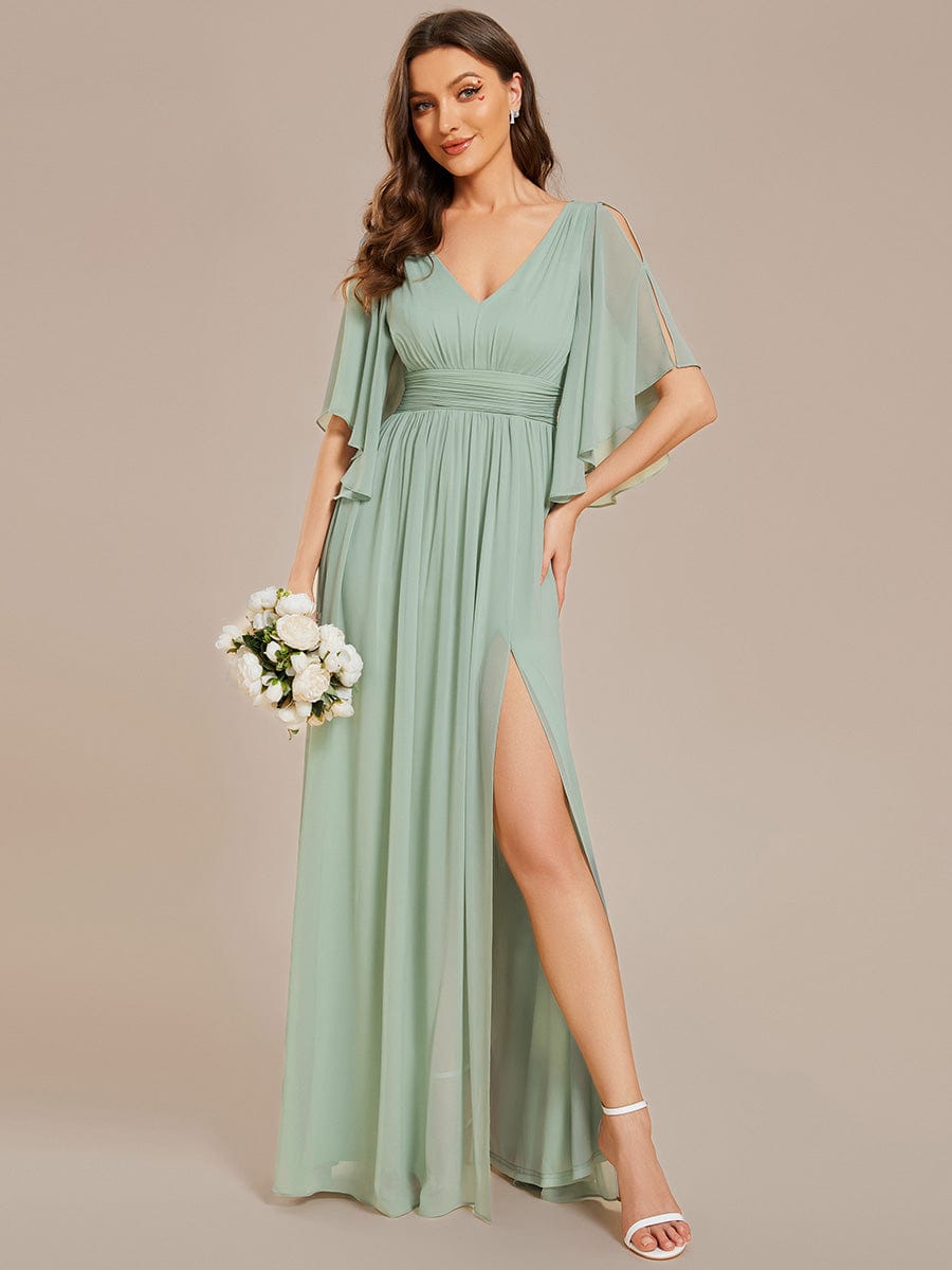 Custom Size Half Sleeve V-Neck Pleated High Slit A-Line Chiffon Bridesmaid Dress