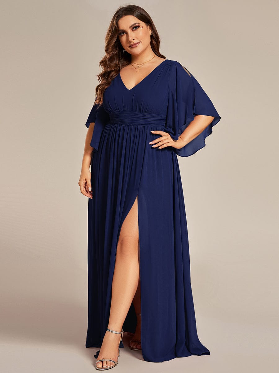 Chiffon A-Line Half Sleeves High Slit Bridesmaid Dress #color_Navy Blue
