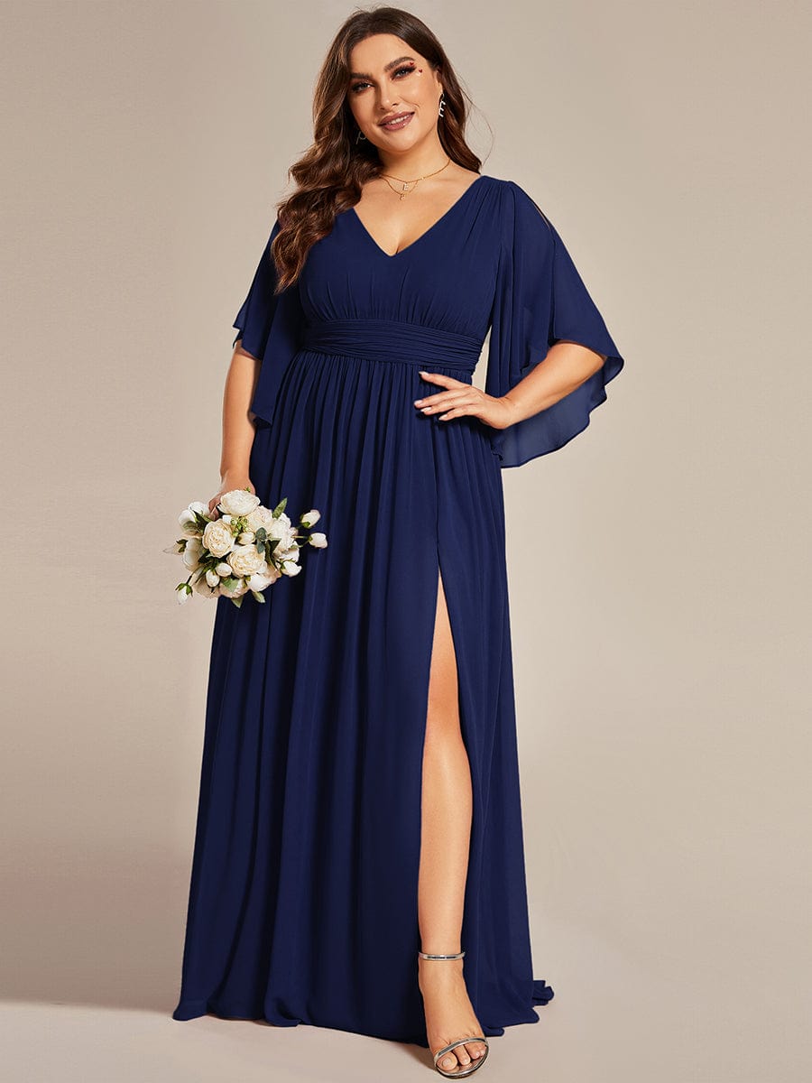 Chiffon A-Line Half Sleeves High Slit Bridesmaid Dress #color_Navy Blue