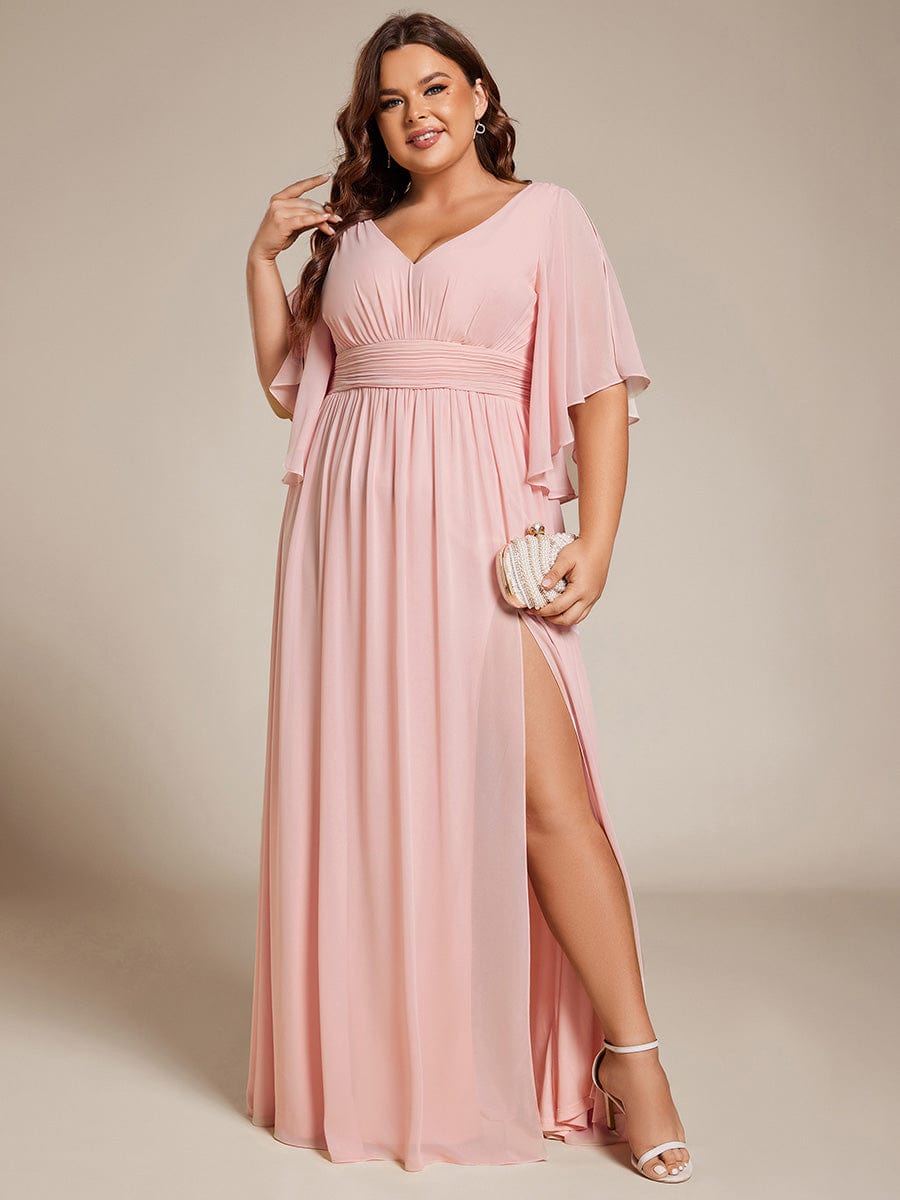 Chiffon A-Line Half Sleeves High Slit Bridesmaid Dress #color_Pink