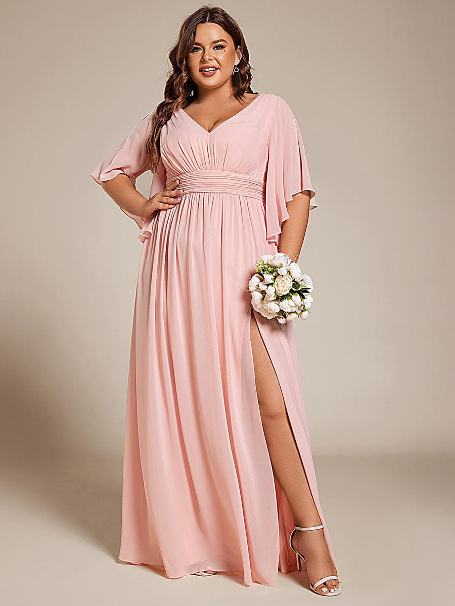 Chiffon A-Line Half Sleeves High Slit Bridesmaid Dress #color_Pink