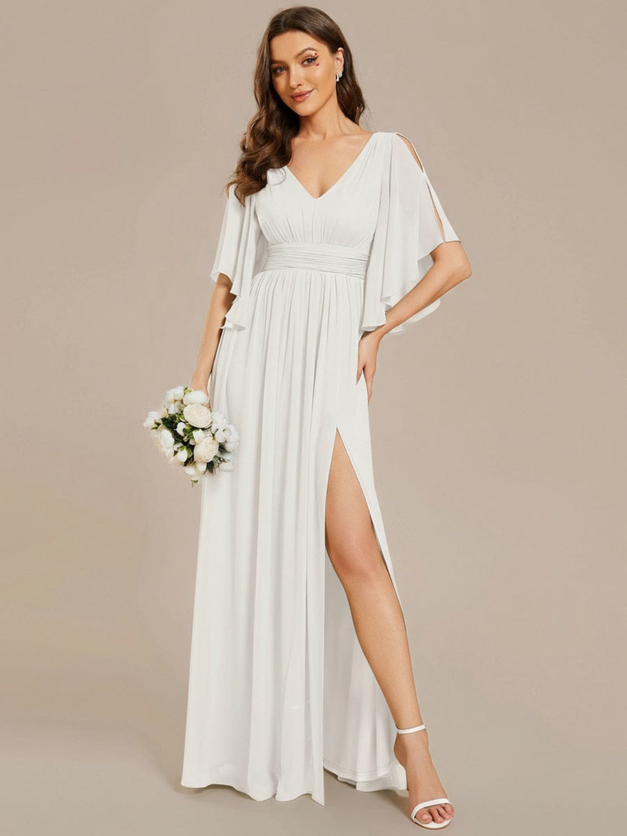 Chiffon A-Line Half Sleeves High Slit Bridesmaid Dress #color_White