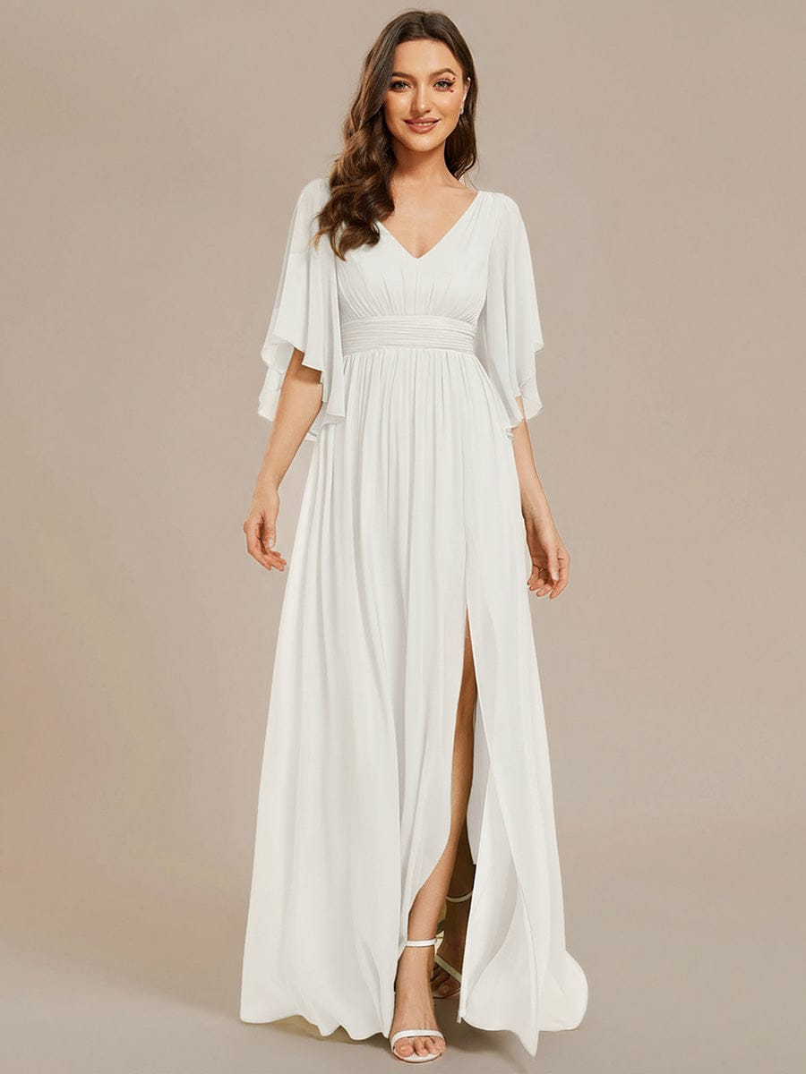 Chiffon A-Line Half Sleeves High Slit Bridesmaid Dress #color_White