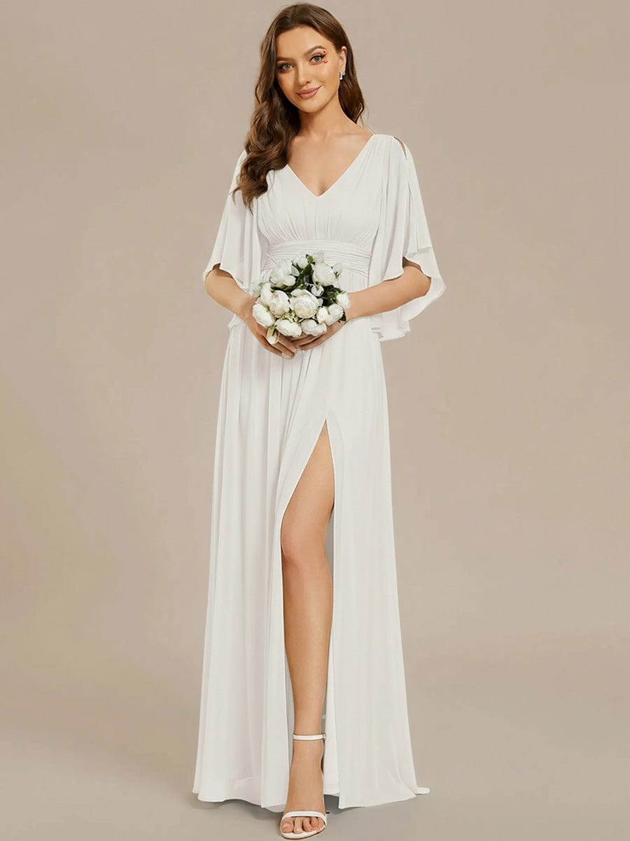 Chiffon A-Line Half Sleeves High Slit Bridesmaid Dress #color_White