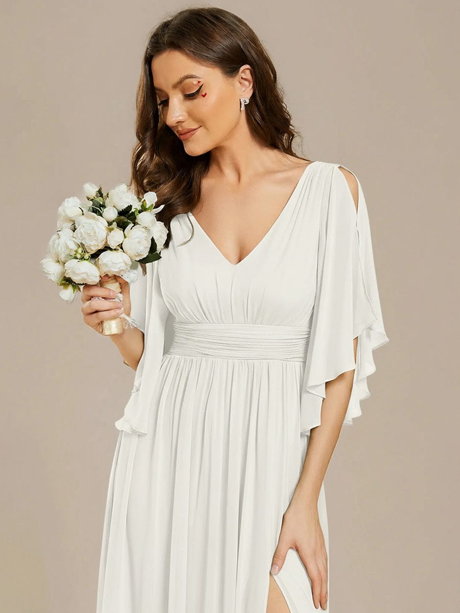 Chiffon A-Line Half Sleeves High Slit Bridesmaid Dress #color_White