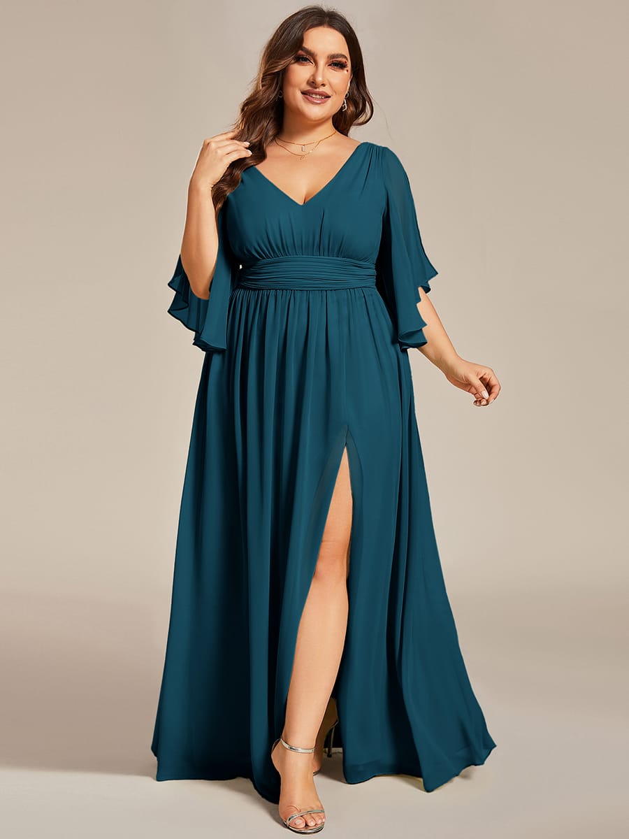 Chiffon A-Line Half Sleeves High Slit Bridesmaid Dress #color_Teal Blue