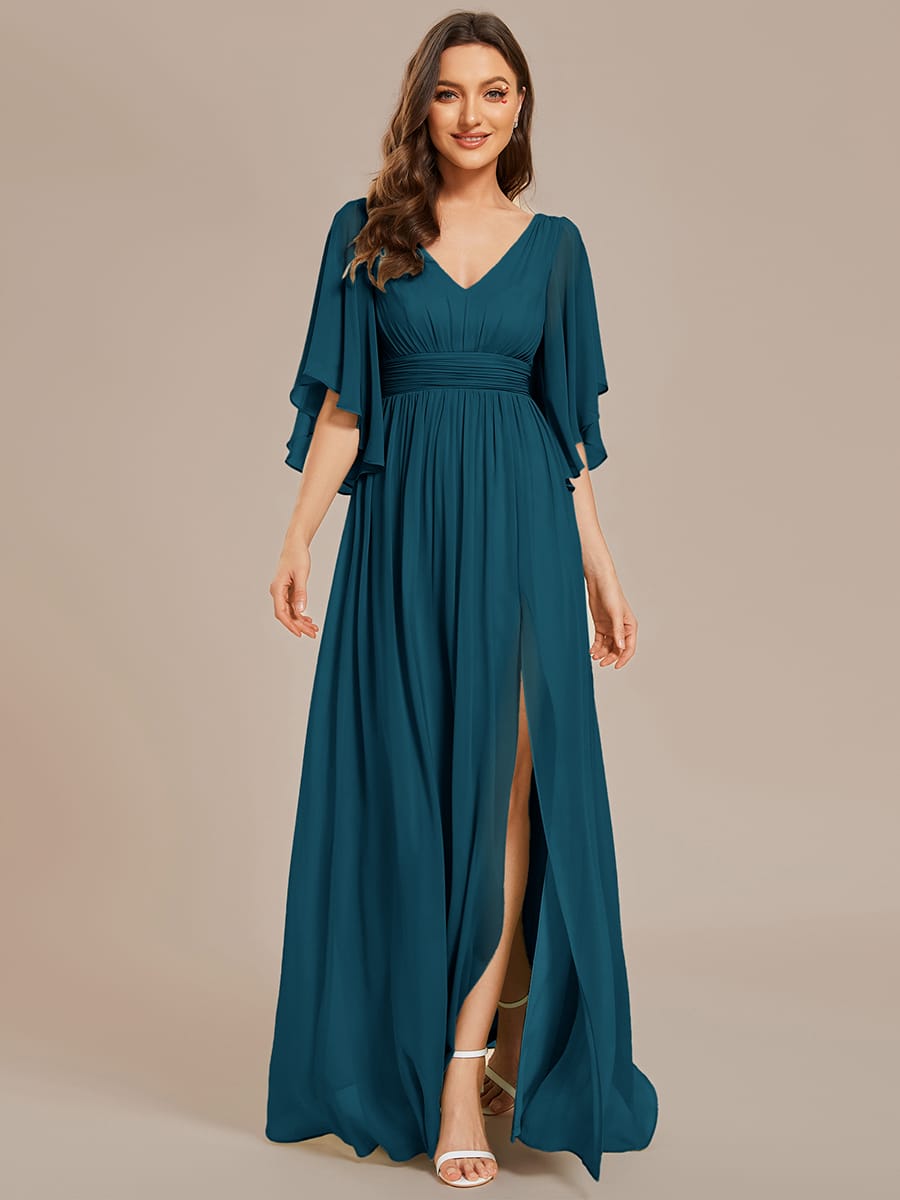 Chiffon A-Line Half Sleeves High Slit Bridesmaid Dress #color_Teal Blue