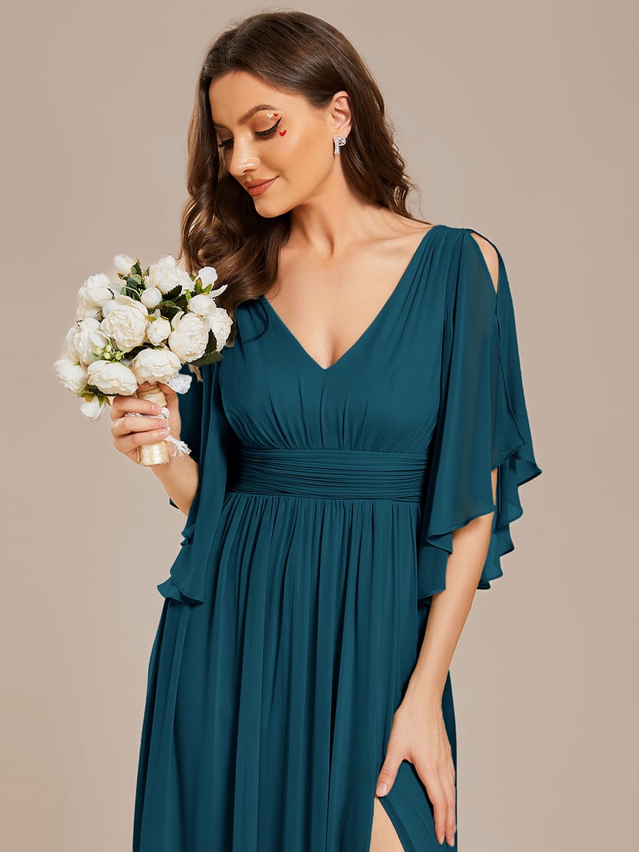 Chiffon A-Line Half Sleeves High Slit Bridesmaid Dress #color_Teal Blue