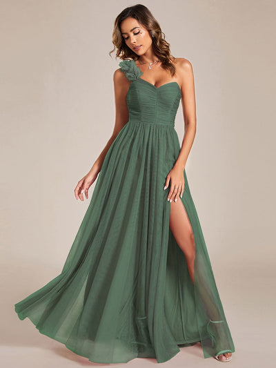 Elegant One Shoulder Maxi Tulle High Slit Bridesmaid Dress #color_Eucalyptus Green