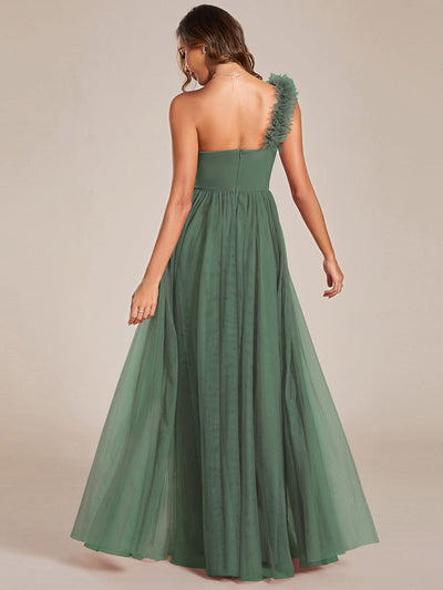 Elegant One Shoulder Maxi Tulle High Slit Bridesmaid Dress #color_Eucalyptus Green
