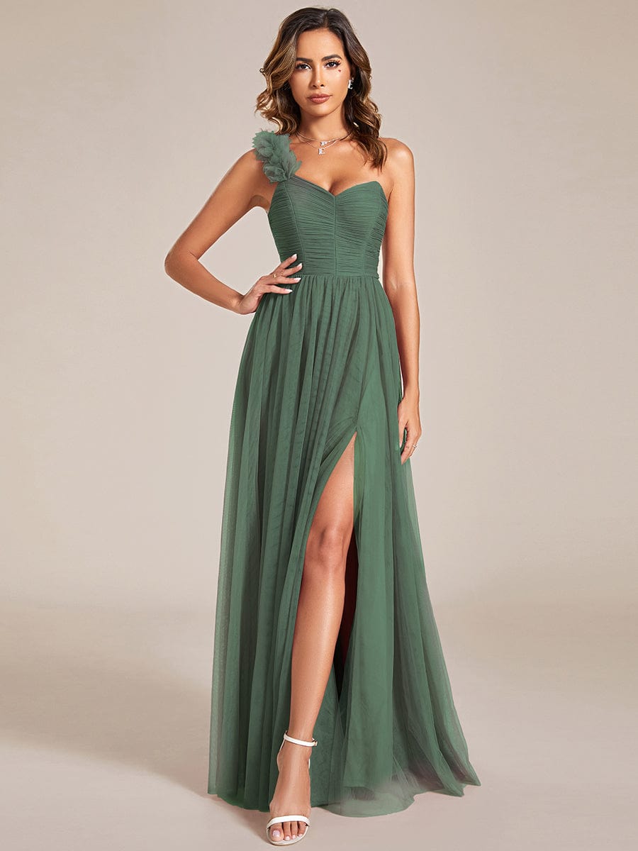 Elegant One Shoulder Maxi Tulle High Slit Bridesmaid Dress #color_Eucalyptus Green