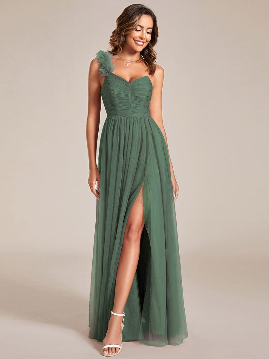 Elegant One Shoulder Maxi Tulle High Slit Bridesmaid Dress #color_Eucalyptus Green