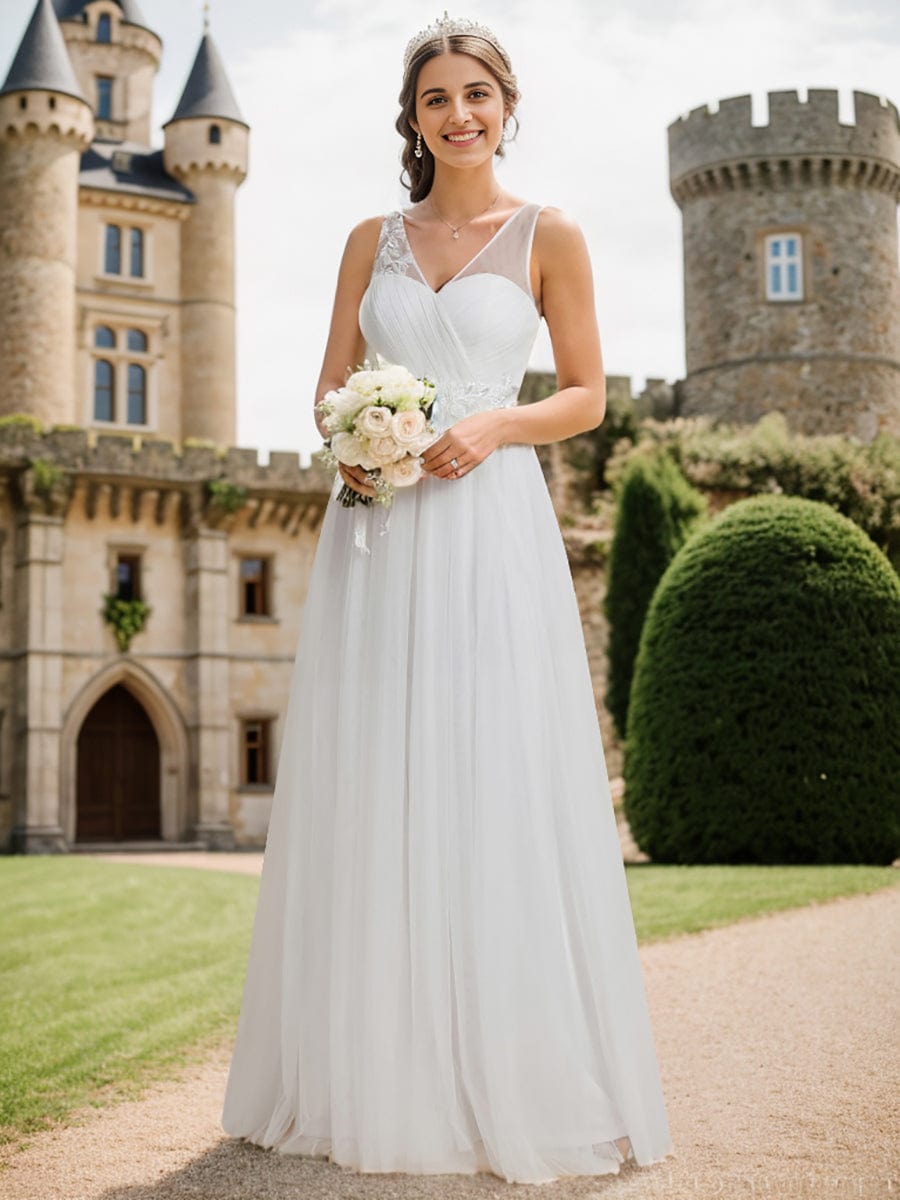 Graceful V-Neck Applique A-Line Tulle Wedding Dress #color_White Graceful V-Neck Applique A-Line Tulle Wedding Dress