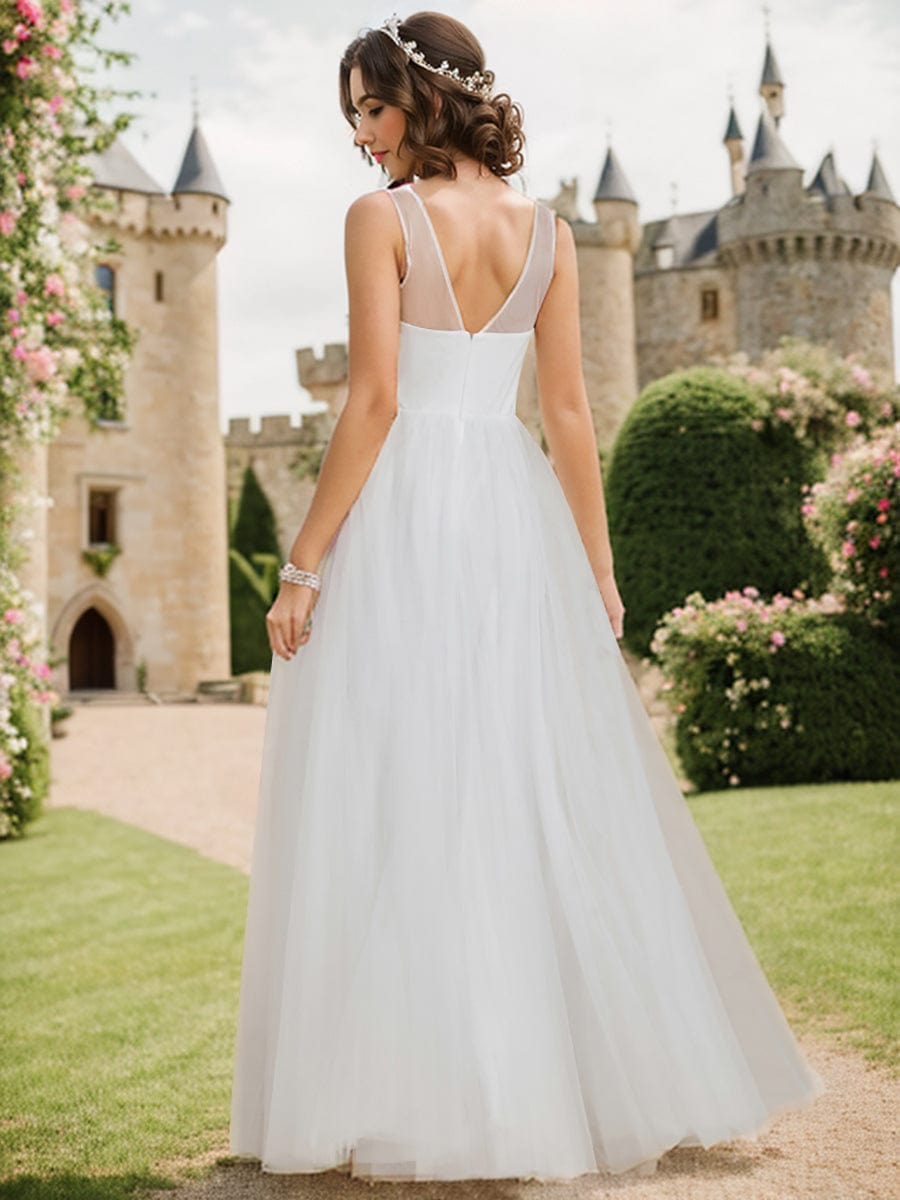 Graceful V-Neck Applique A-Line Tulle Wedding Dress #color_White Graceful V-Neck Applique A-Line Tulle Wedding Dress