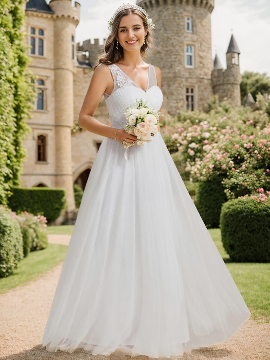 Graceful V-Neck Applique A-Line Tulle Wedding Dress #color_White
