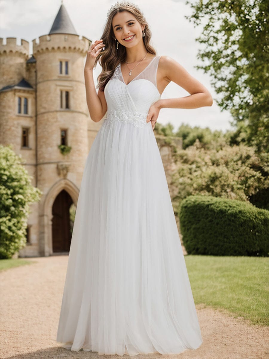 Graceful V-Neck Applique A-Line Tulle Wedding Dress #color_White Graceful V-Neck Applique A-Line Tulle Wedding Dress