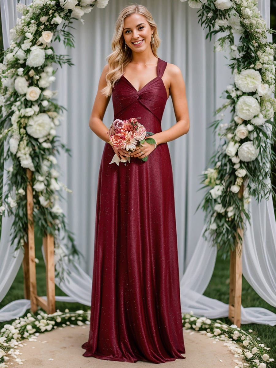 Glittery V-Neck Sleeveless Bridesmaid Dress with Adjustable Lace-Up Back #color_Burgundy