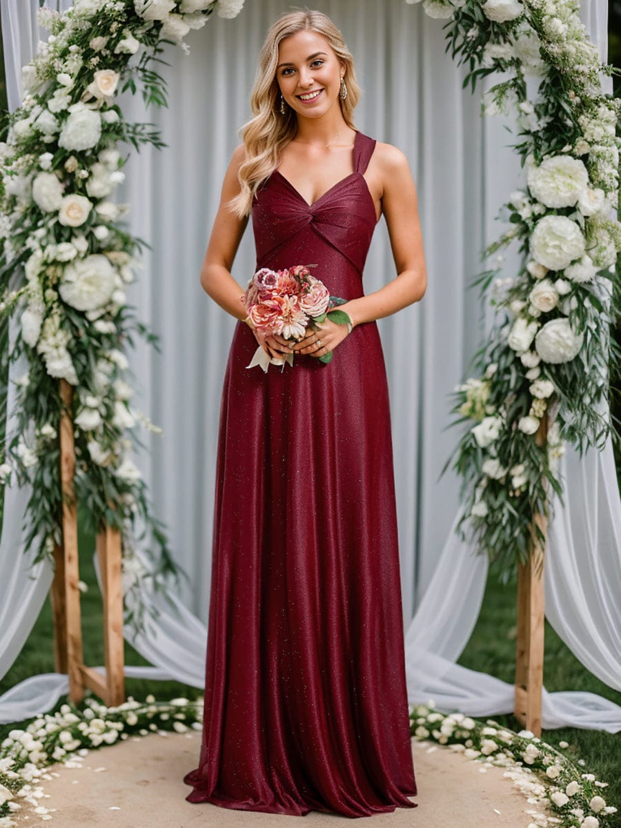 Glittery V-Neck Sleeveless Bridesmaid Dress with Adjustable Lace-Up Back