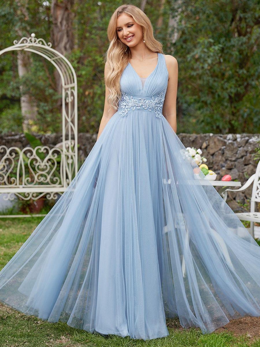 Elegant Sleeveless V-Neck A-Line Bridesmaid Dresss #color_Light Blue