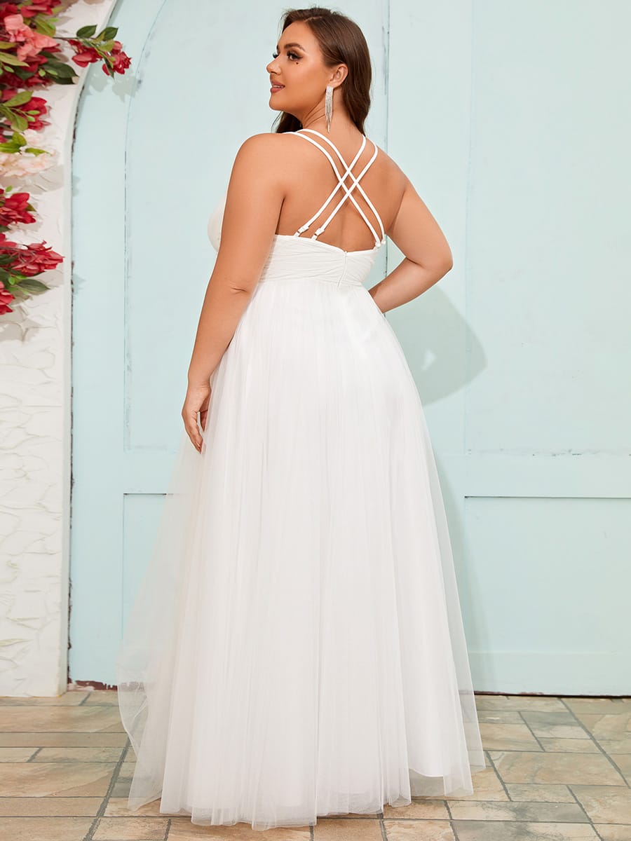 Elegant V-Neck Sleeveless Pleated A-Line Wedding Dress #color_White