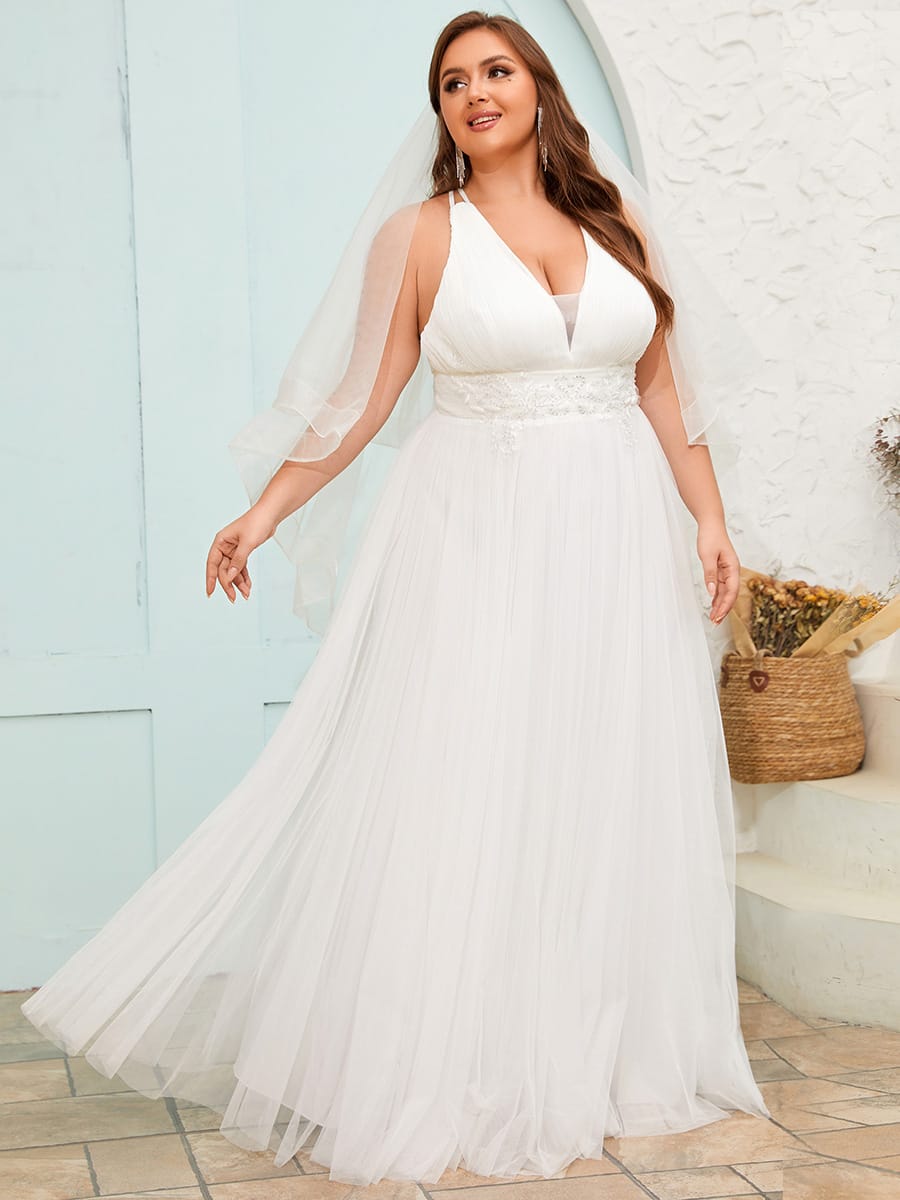 Elegant V-Neck Sleeveless Pleated A-Line Wedding Dress #color_White