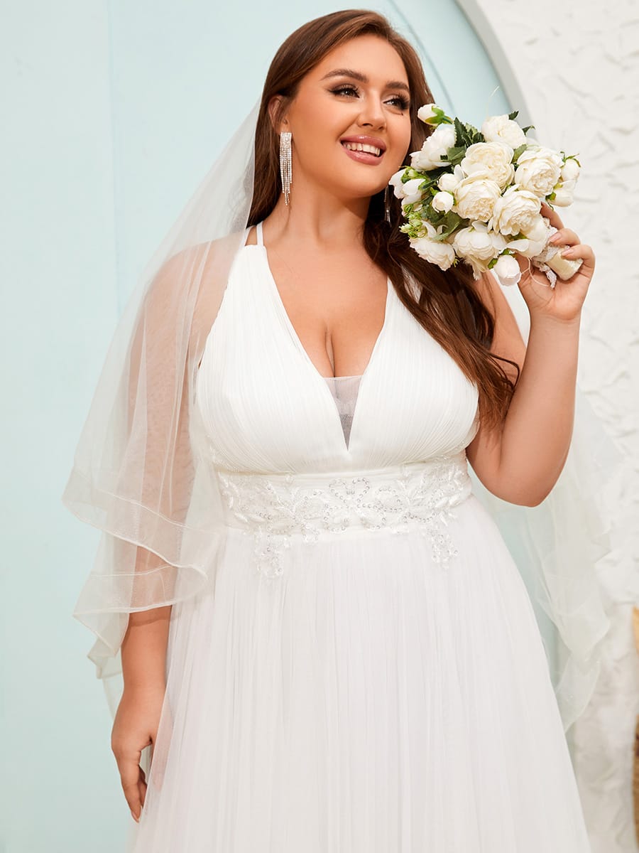 Elegant V-Neck Sleeveless Pleated A-Line Wedding Dress #color_White
