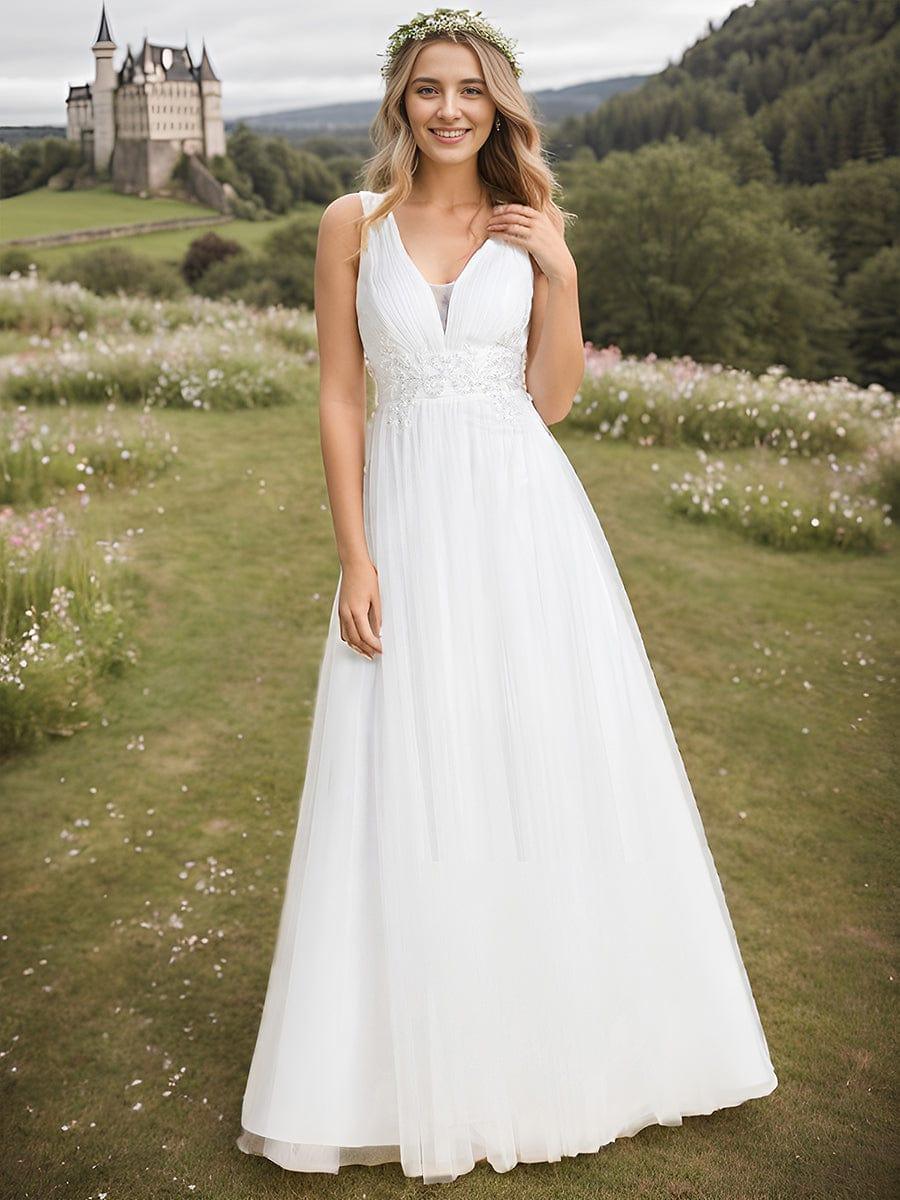 Elegant V-Neck Sleeveless Pleated A-Line Wedding Dress #color_White
