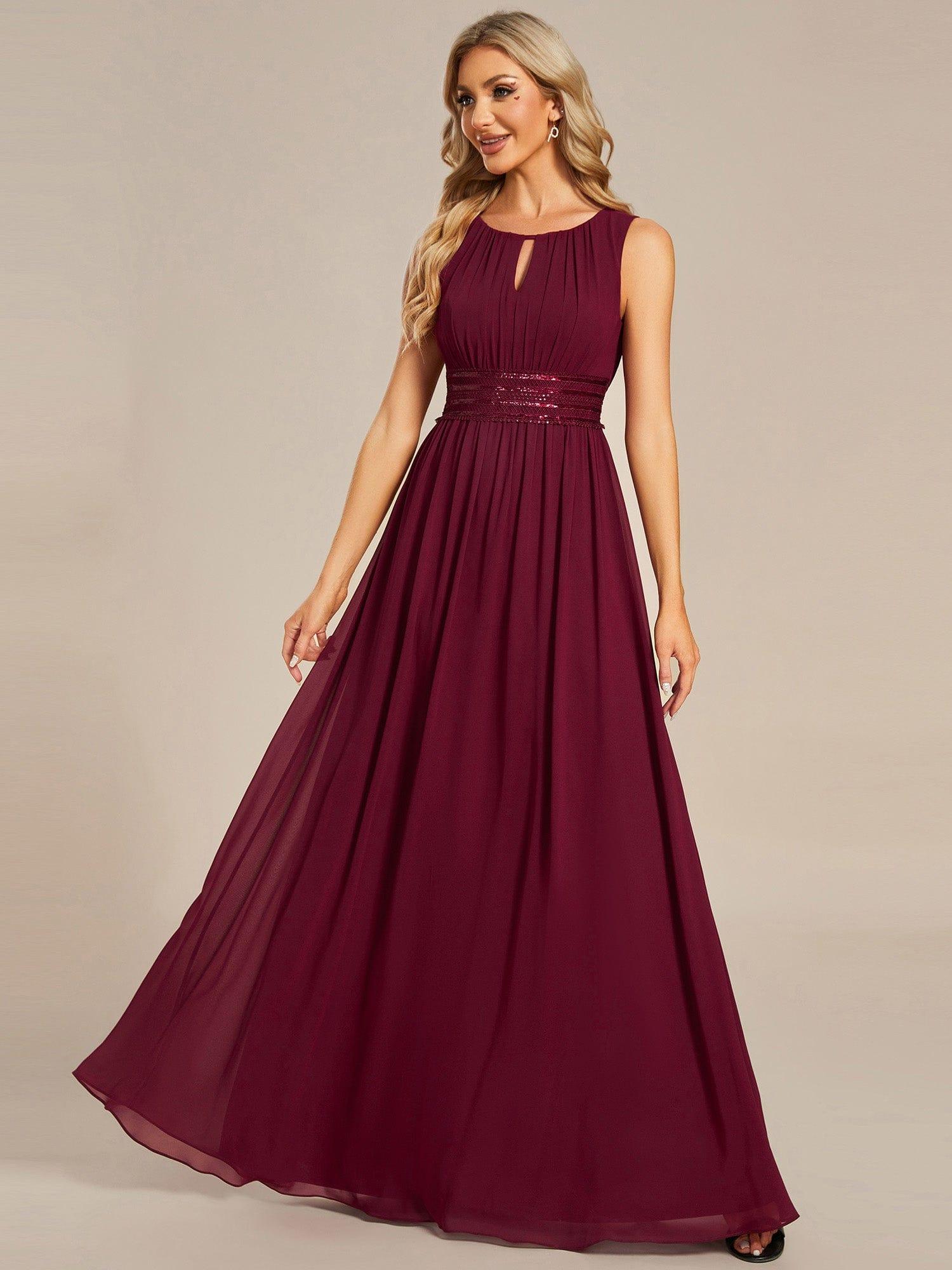 A-Line Chiffon Evening Dress with Sleeveless Round Neckline and Pleats #color_Burgundy