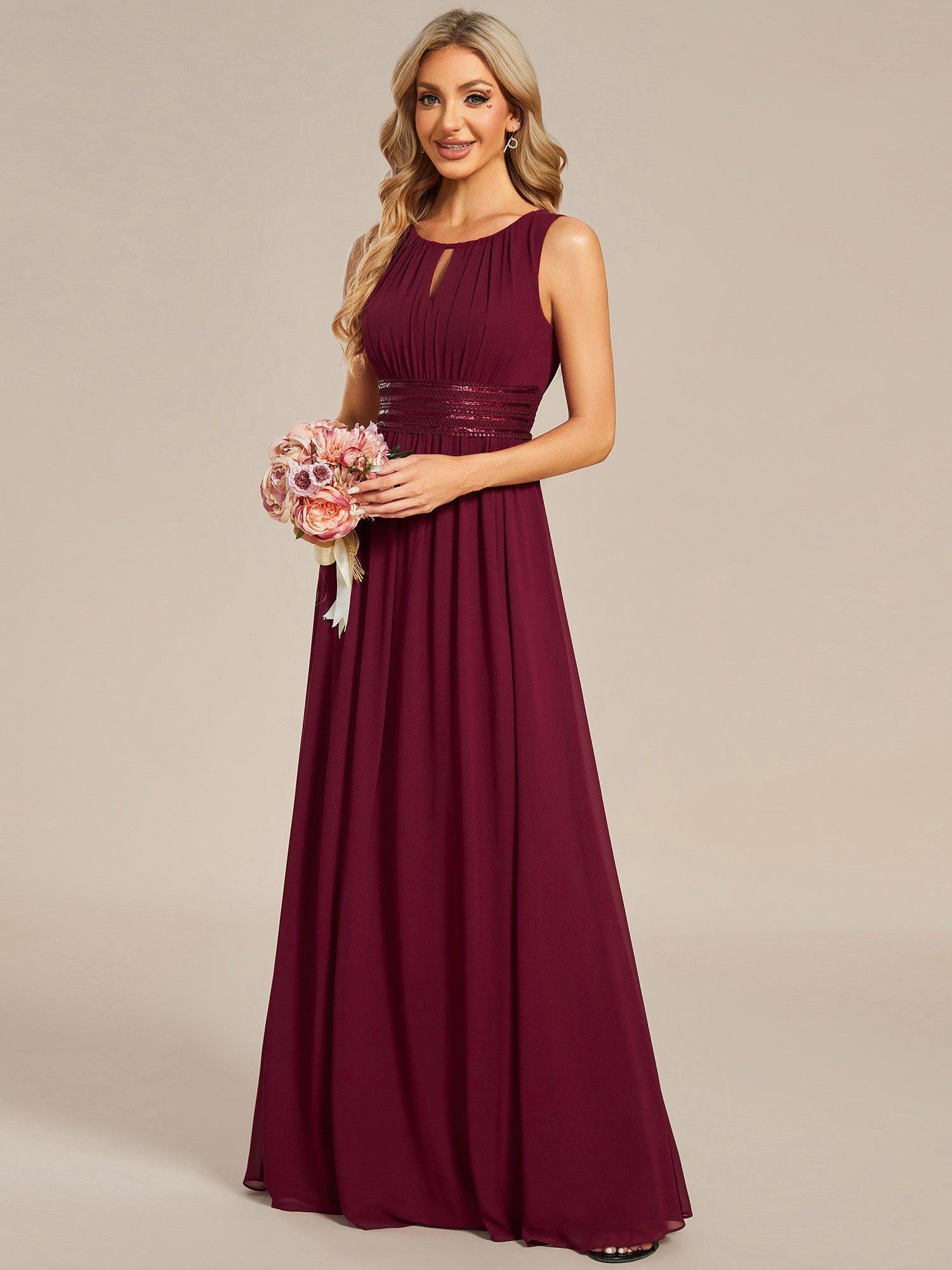 A-Line Chiffon Evening Dress with Sleeveless Round Neckline and Pleats #color_Burgundy