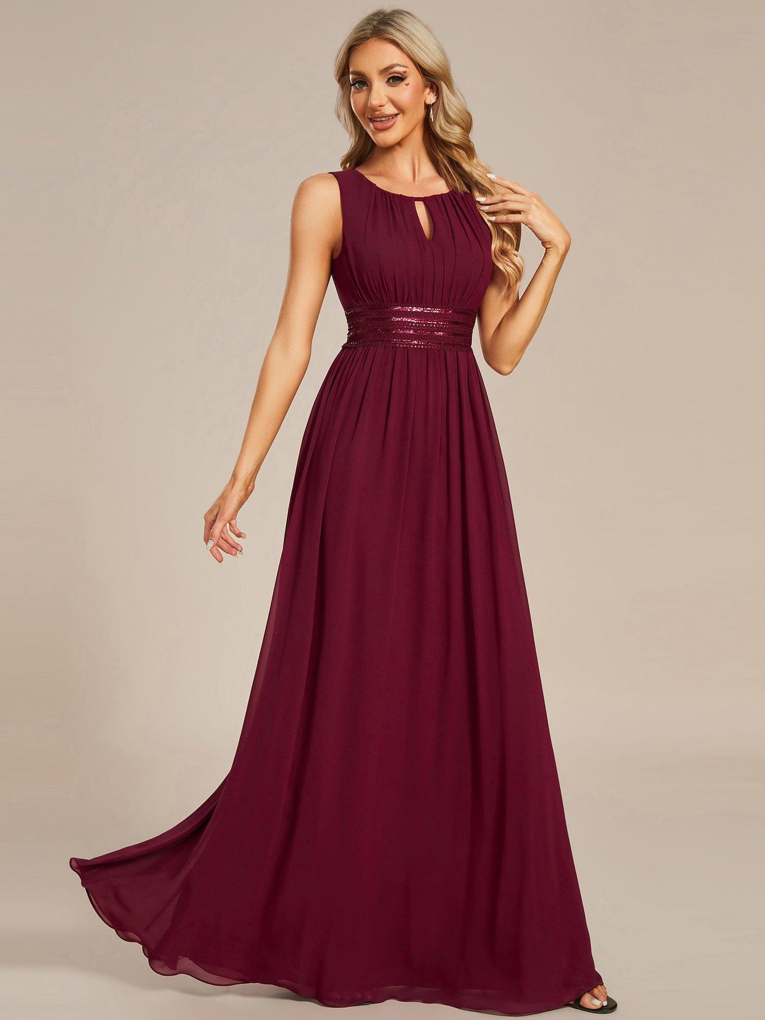 A-Line Chiffon Evening Dress with Sleeveless Round Neckline and Pleats #color_Burgundy