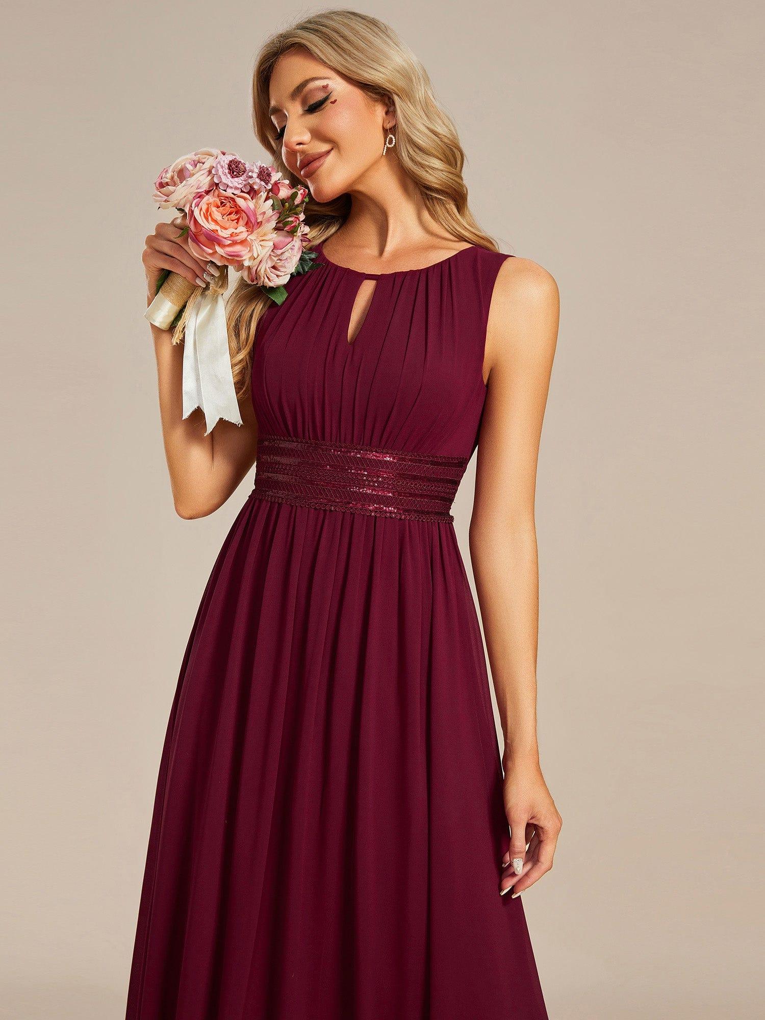 A-Line Chiffon Evening Dress with Sleeveless Round Neckline and Pleats #color_Burgundy