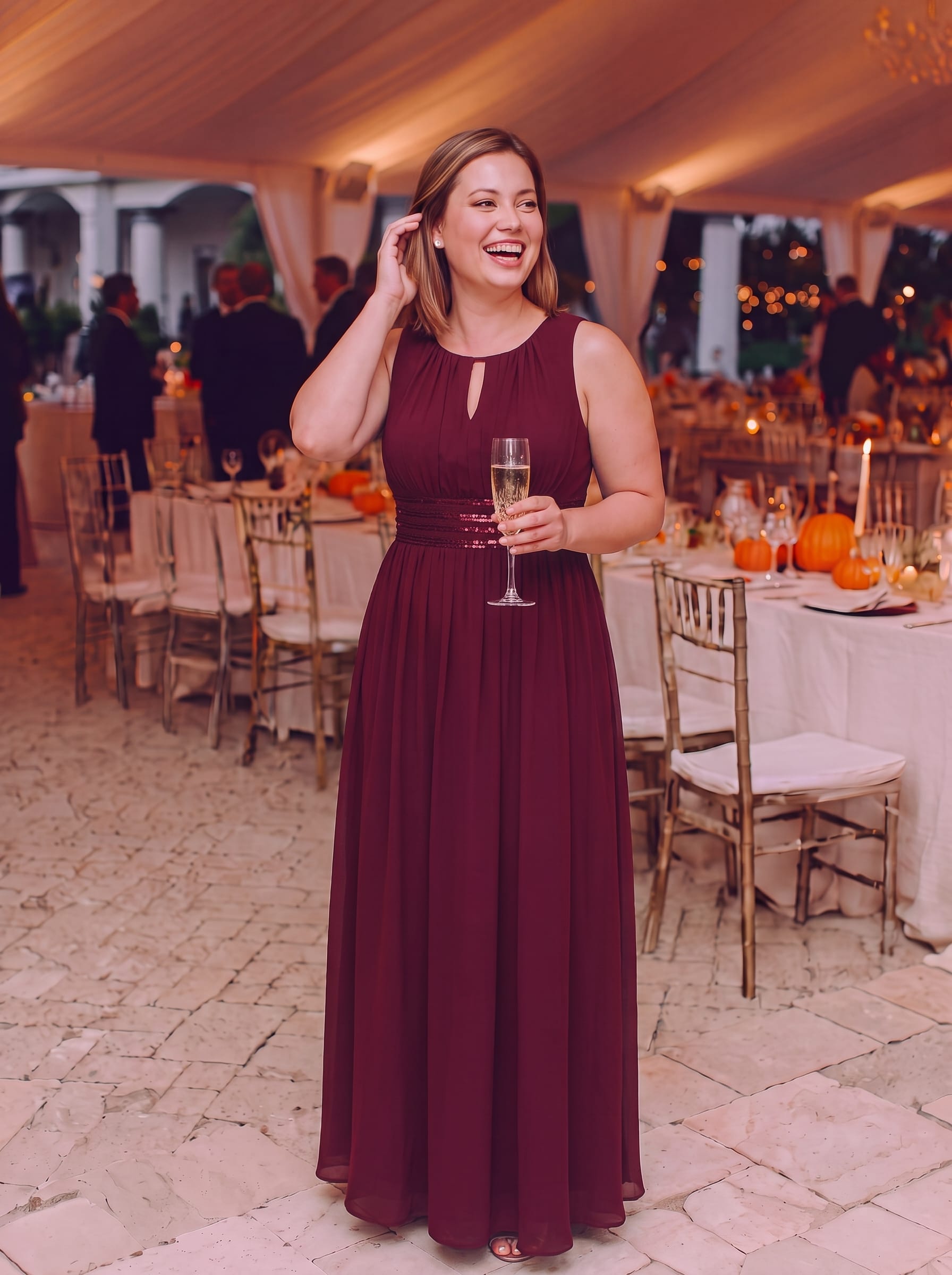 A-Line Chiffon Bridesmaid Dress with Sleeveless Round Neckline and Pleats #color_Burgundy